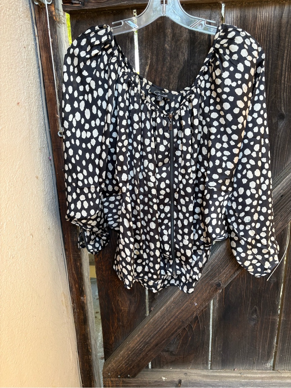 Cecico Black Peasant Blouse with White Dot Print